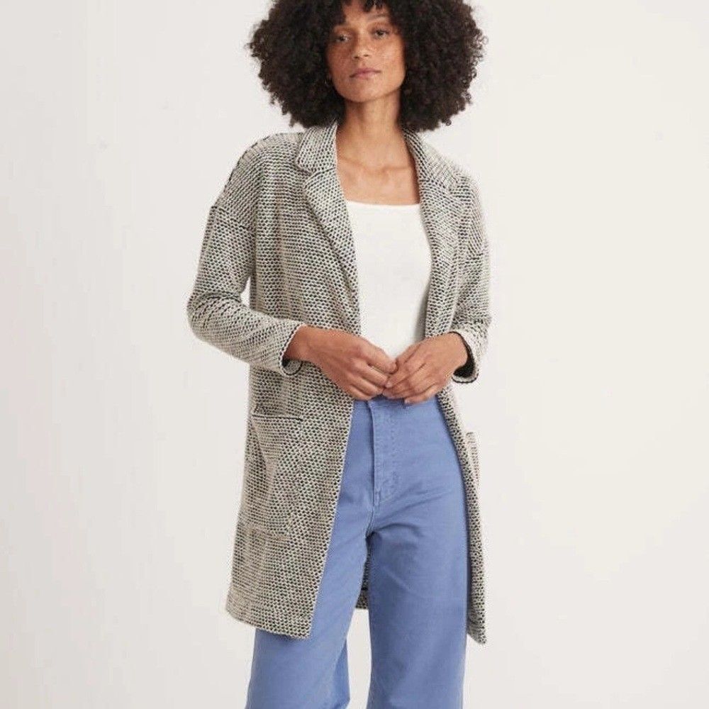 MARINE LAYER Birdseye Knit Cardigan Sweater Coat Size X-L Black White Contrast